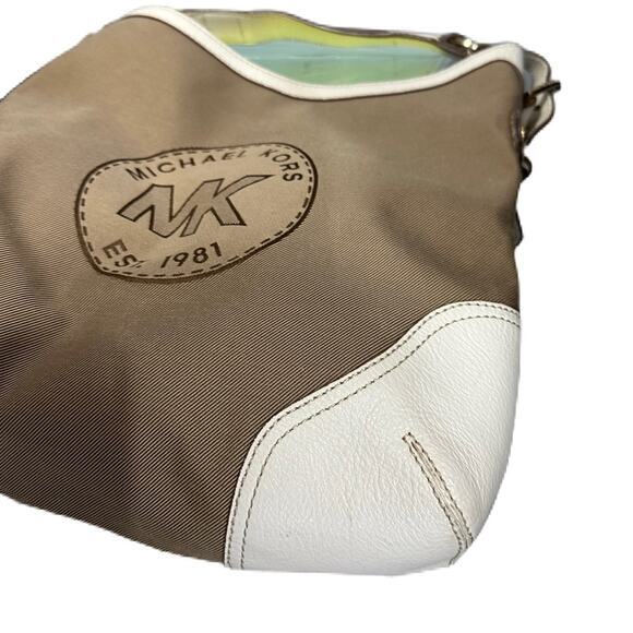 Excellent Michael Kors Millbrook Circa Twill MK Logo Leather Large Shoulder Bag - Picture 5 of 11